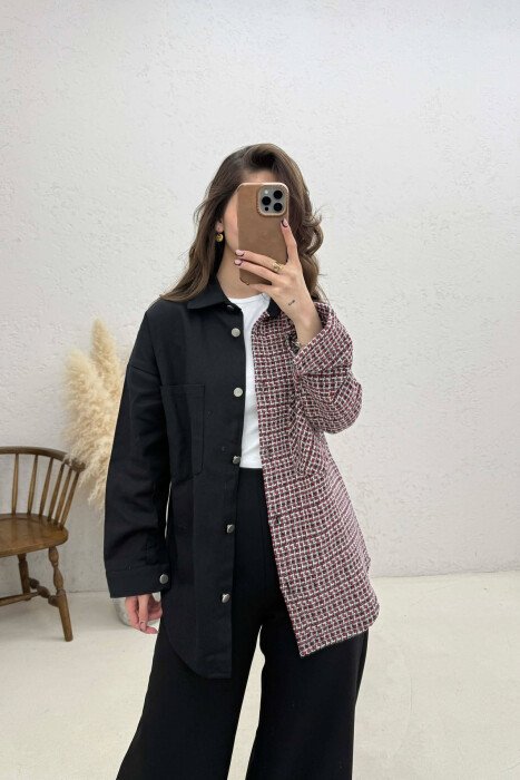HALF KNITTED HALF DENIM DESIGN WOMEN SHIRT BLACK/ E ZEZE - 1