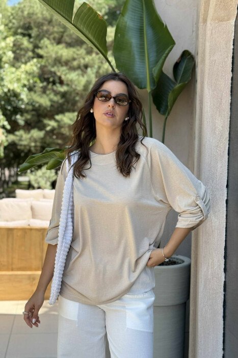 HALF SLEEVES ONE COLOR WOMEN T-SHIRT BEIGE/BEZHE - KLAUDIO FASHION