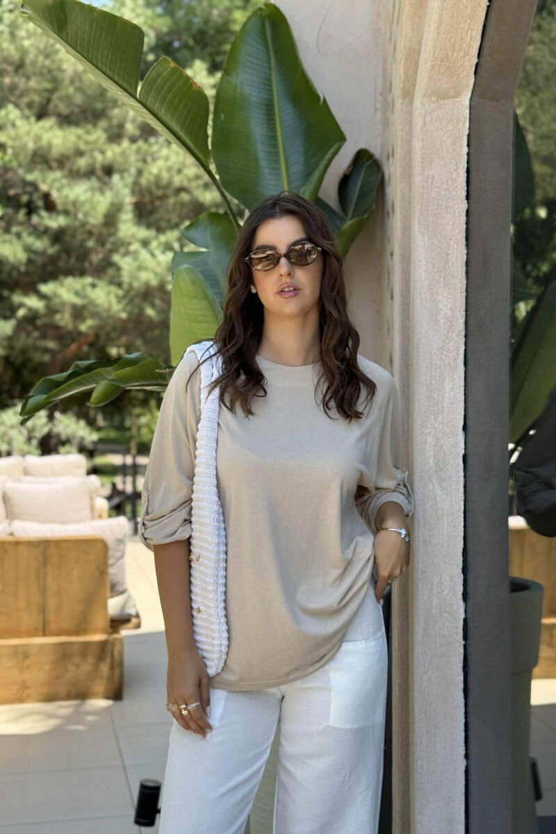 HALF SLEEVES ONE COLOR WOMEN T-SHIRT BEIGE/BEZHE - 4