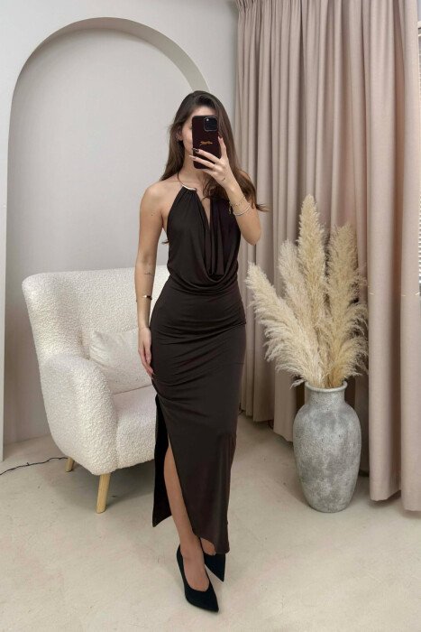 HALTER NECK METAL RING DETAIL LONG WOMEN DRESS BROWN/KAFE 