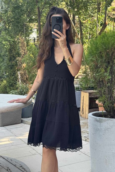 HALTER NECK ONE COLOR WOMEN DRESS BLACK/ E ZEZE - 3
