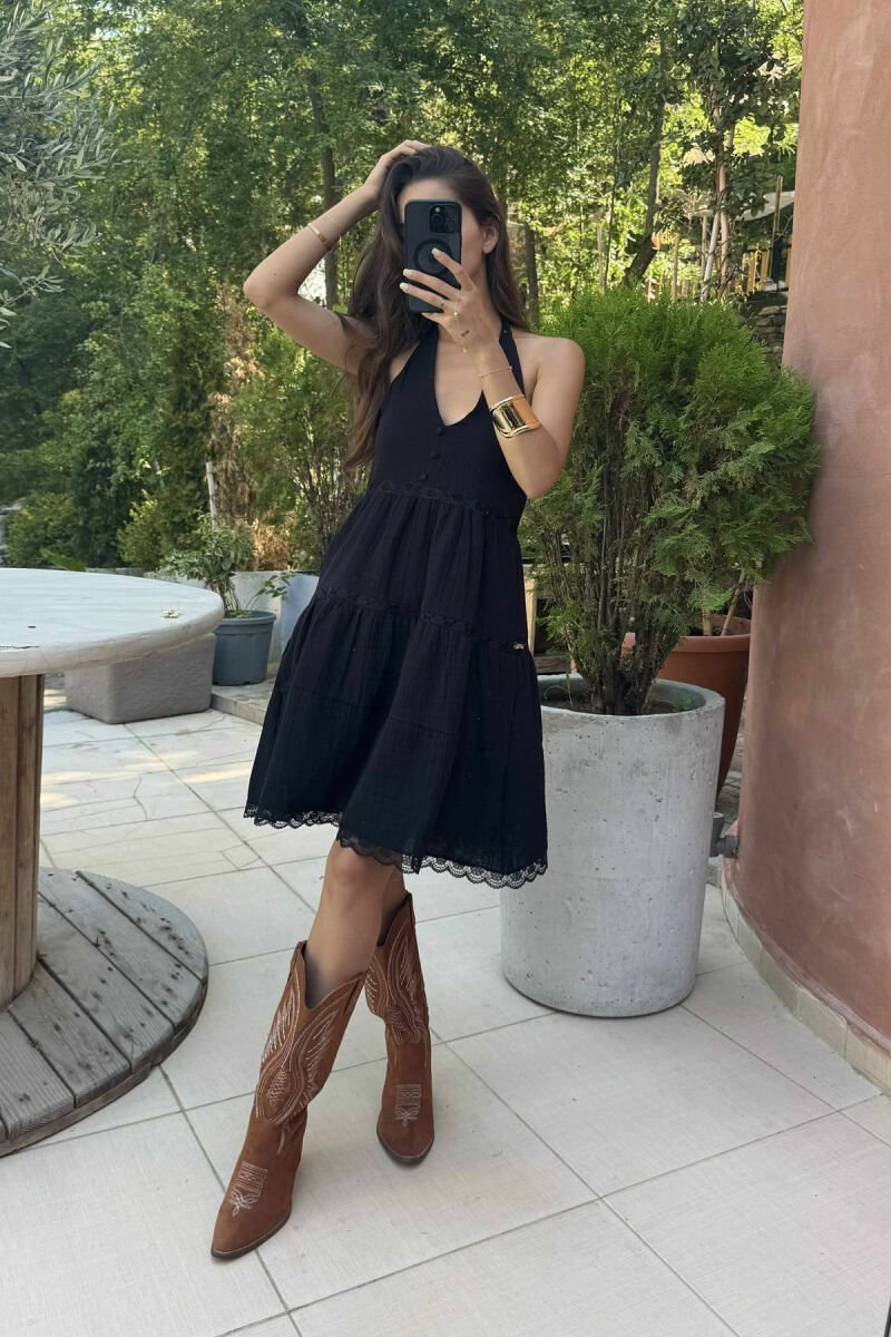 HALTER NECK ONE COLOR WOMEN DRESS BLACK/ E ZEZE - 5