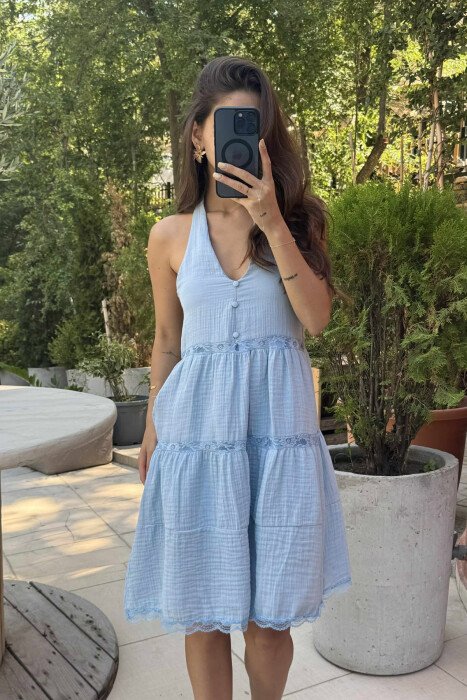 HALTER NECK ONE COLOR WOMEN DRESS LIGHTBLUE/BZ - 3