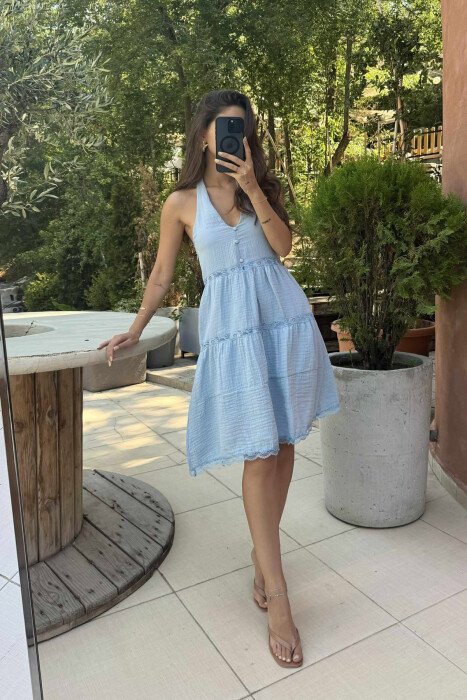 HALTER NECK ONE COLOR WOMEN DRESS LIGHTBLUE/BZ - 5