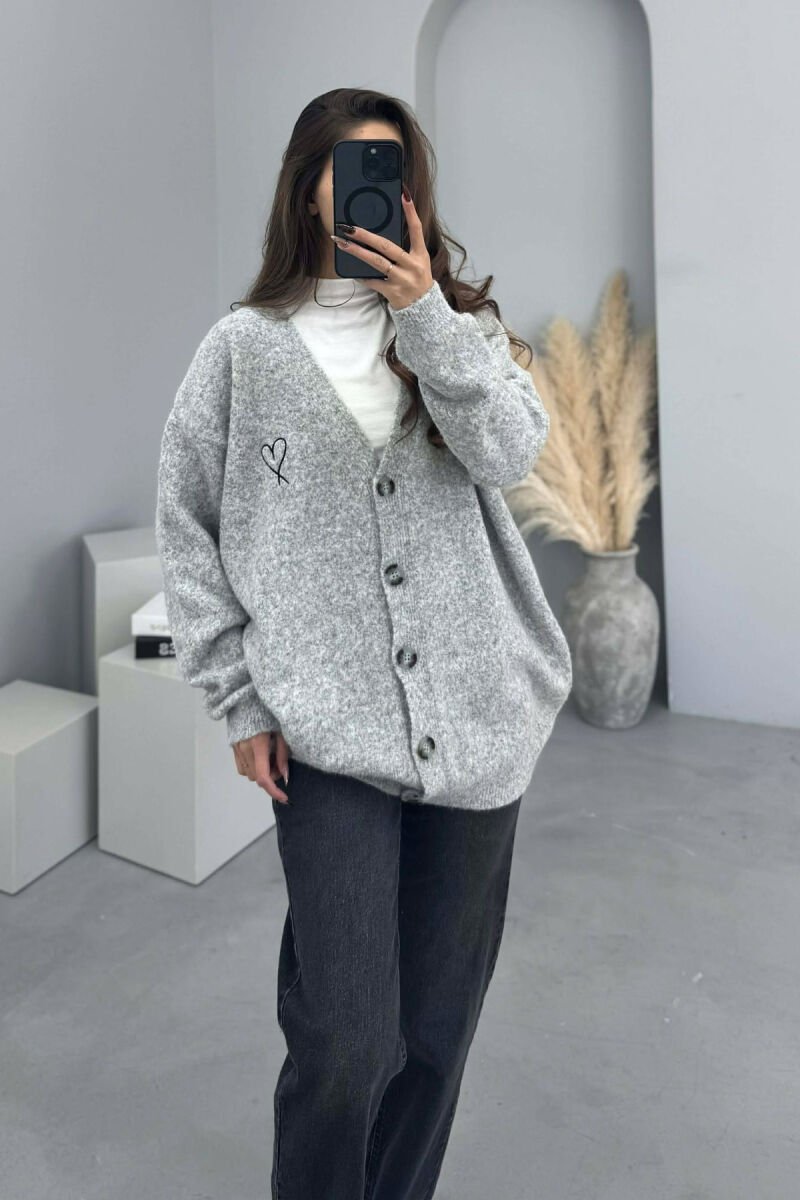HEART DETAIL SIMPLE WOMEN CARDIGAN LIGHT GREY/GZ - 1