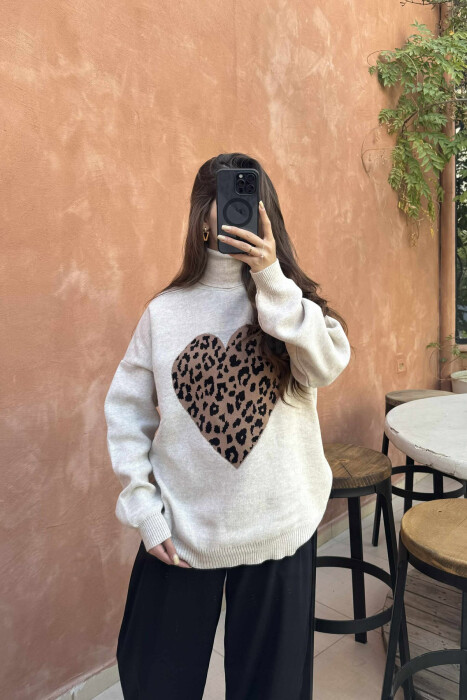 HEART DETAIL TURTLE NECK WOMEN SWEATER BEIGE/BEZHE - 3