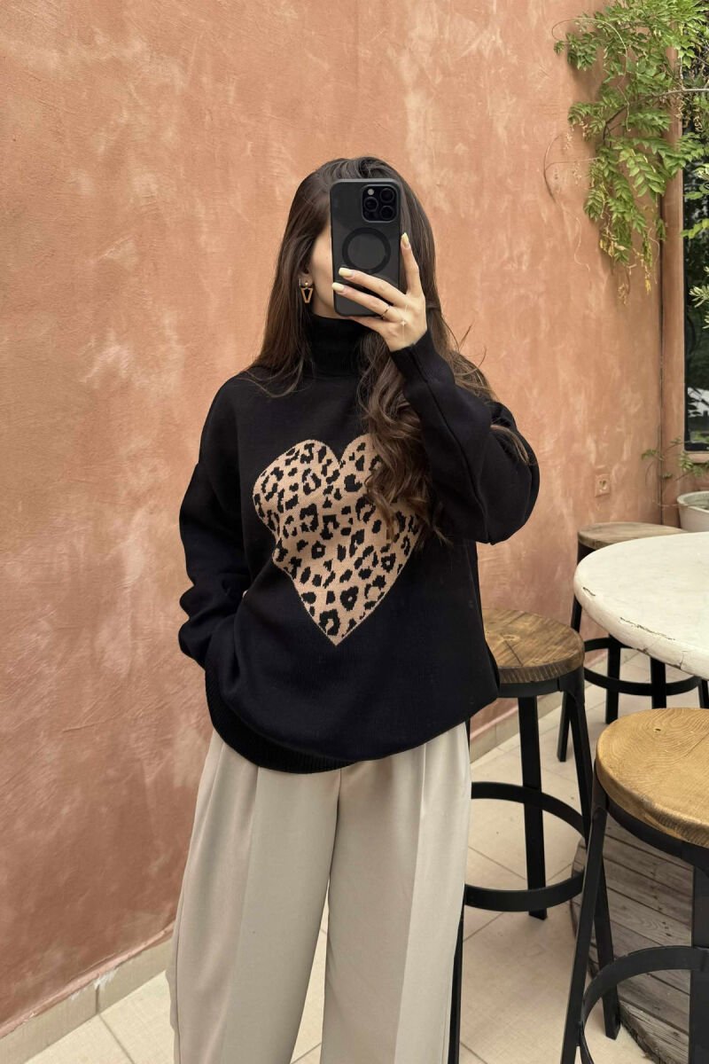 HEART DETAIL TURTLE NECK WOMEN SWEATER BLACK/ E ZEZE - 3