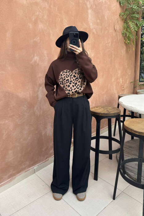 HEART DETAIL TURTLE NECK WOMEN SWEATER BROWN/KAFE - 1
