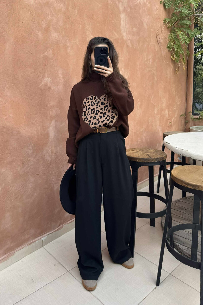 HEART DETAIL TURTLE NECK WOMEN SWEATER BROWN/KAFE - 3