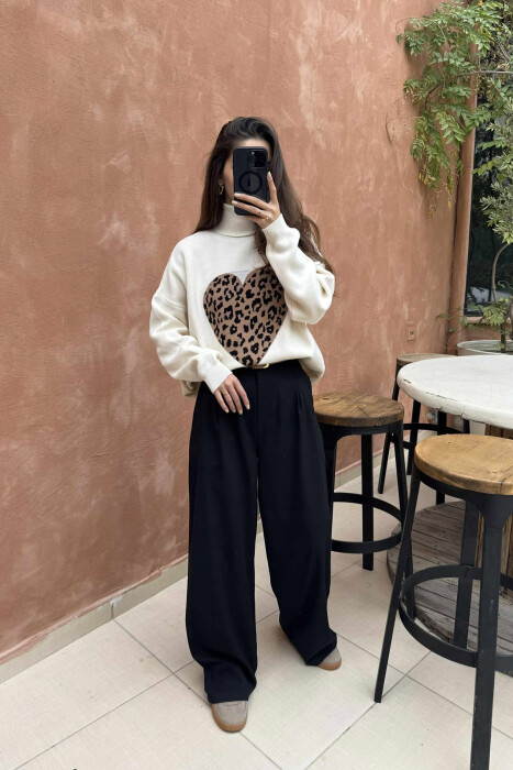 HEART DETAIL TURTLE NECK WOMEN SWEATER CREAM/KREM - 2