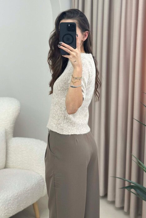 HEART LOGO SHORT SLEEVES WOMEN SWEATER BEIGE/BEZHE - 4