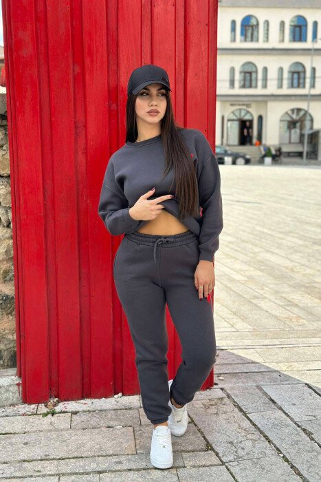 HEART LOGO SWEATSHIRT+JOGGERS WOMEN SET DARK GREY/GEE - KLAUDIO FASHION