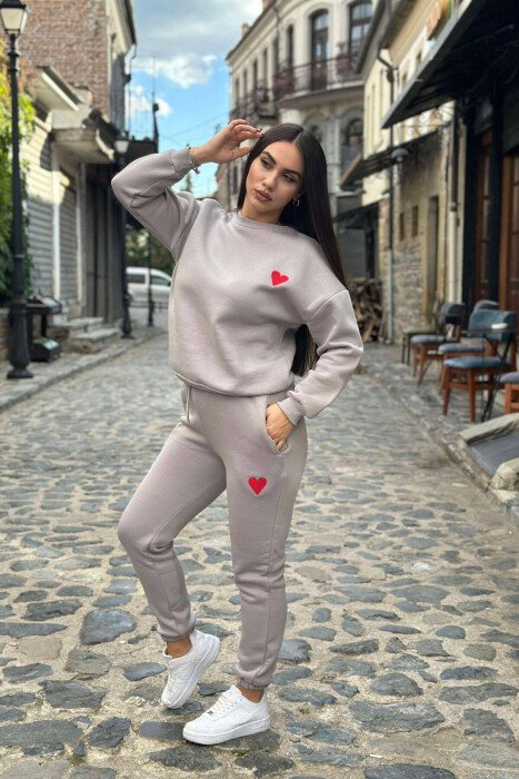 HEART LOGO SWEATSHIRT+JOGGERS WOMEN SET GREY/GRI - KLAUDIO FASHION