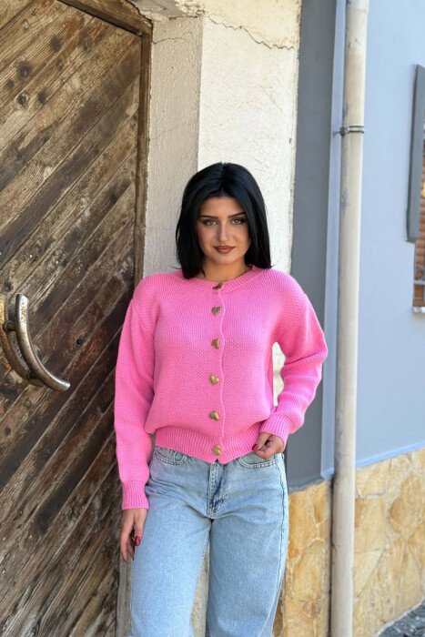 HEARTS BUTTONED ONE COLOR WOMAN CARDIGAN PINK/ROZE - 