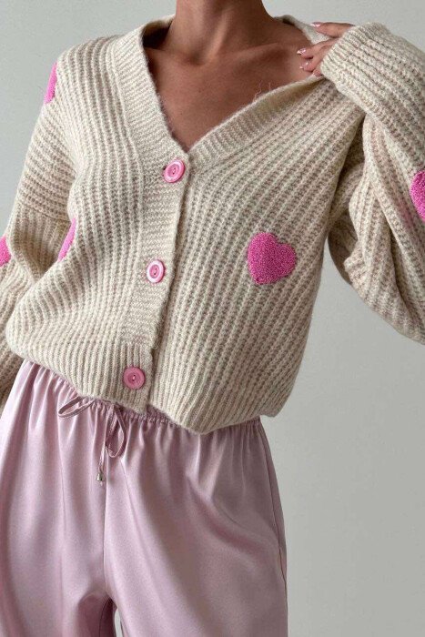 HEARTS DETAIL WOMEN CARDIGAN BEIGE/BEZHE - KLAUDIO FASHION