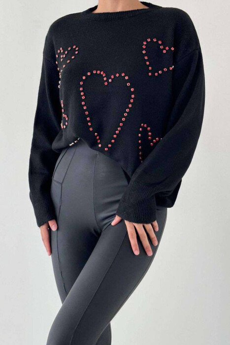 HEARTS DETAIL WOMEN SWEATER BLACK/ E ZEZE - KLAUDIO FASHION