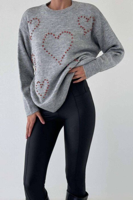 HEARTS DETAIL WOMEN SWEATER GREY/GRI - KLAUDIO FASHION