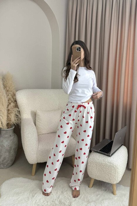 HEARTS DESIGN BOW DETAIL WOMEN JOGGERS WHITE-E BARDHE - KLAUDIO FASHION