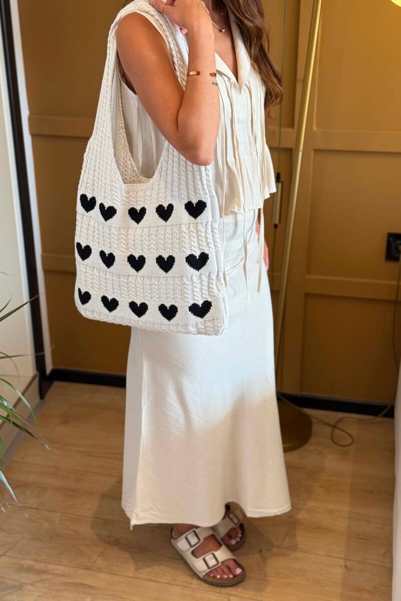 HEARTS DESIGN CROCHET WOMEN BAG WHITE-BLACK/BAZE - 1