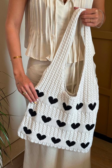 HEARTS DESIGN CROCHET WOMEN BAG WHITE-BLACK/BAZE - 2