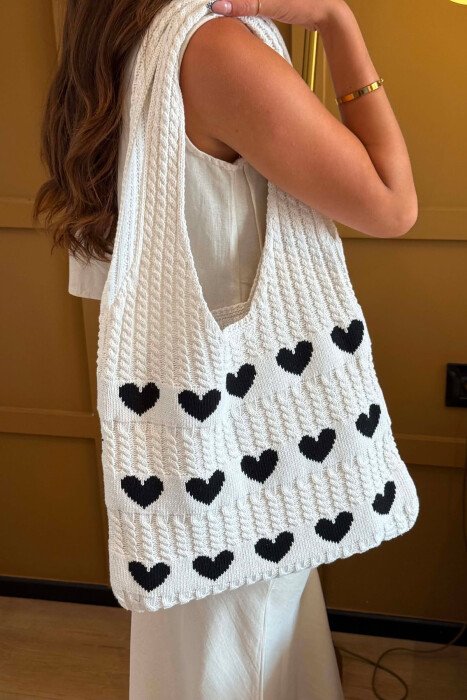 HEARTS DESIGN CROCHET WOMEN BAG WHITE-BLACK/BAZE - 4