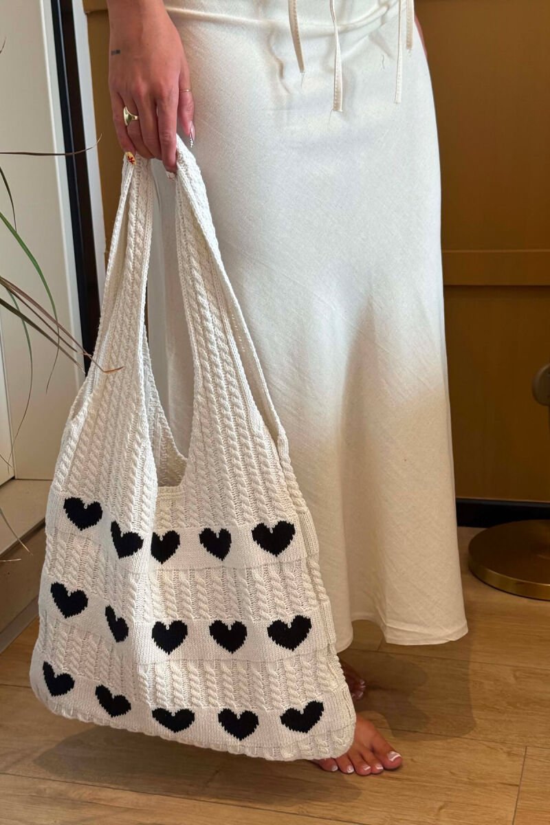 HEARTS DESIGN CROCHET WOMEN BAG WHITE-BLACK/BAZE - 5