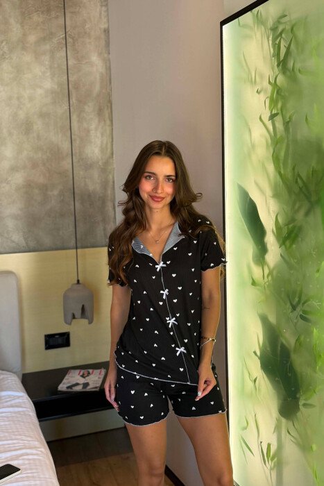 HEARTS DESIGN SHIRT + SHORTS WOMAN PYJAMAS BLACK/ E ZEZE - KLAUDIO FASHION