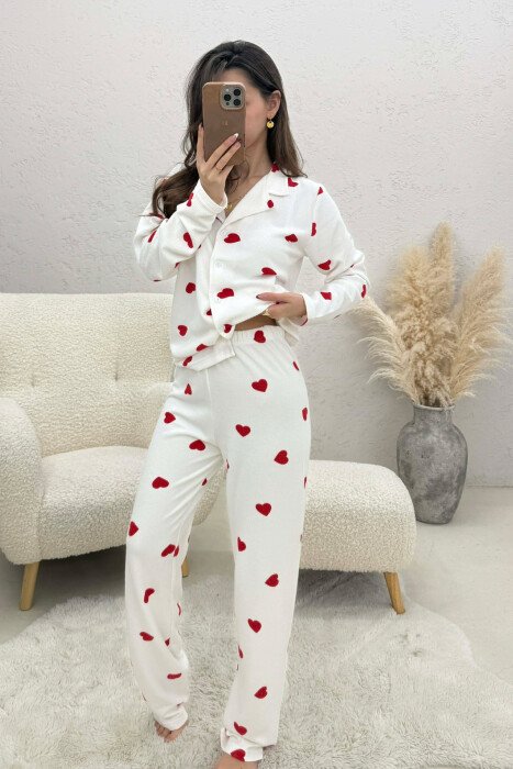 HEARTS DESIGN SHIRT+ TROUSERS WOMEN PYJAMAS WHITE-E BARDHE 