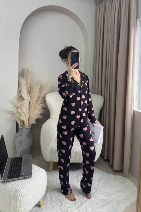 HEARTS DESIGN SHIRT+TROUSERS WOMEN PYJAMAS BLACK-PINK/ZERO - KLAUDIO FASHION
