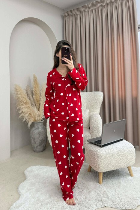 HEARTS DESIGN SHIRT+TROUSERS WOMEN PYJAMAS RED/E KUQE - KLAUDIO FASHION