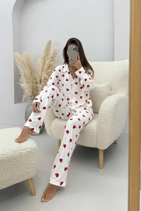 HEARTS DESIGN SHIRT+TROUSERS WOMEN PYJAMAS WHITE-E BARDHE - KLAUDIO FASHION