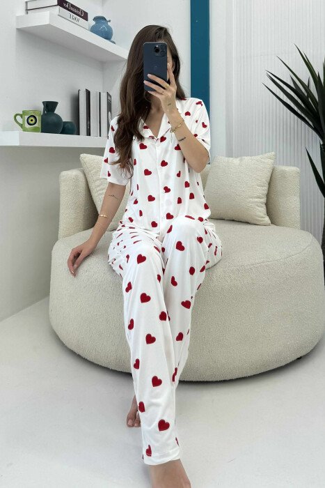 HEARTS DESIGN SHIRT+TROUSERS WOMEN PYJAMAS WHITE-E BARDHE - KLAUDIO FASHION