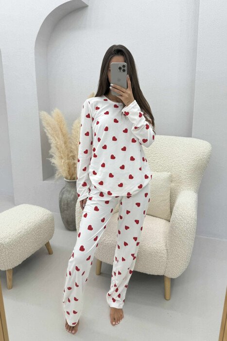 HEARTS DESIGN SWEATSHIRT+TROUSERS WOMEN PYJAMAS WHITE-E BARDHE - KLAUDIO FASHION
