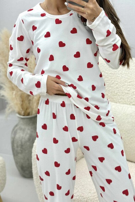 HEARTS DESIGN SWEATSHIRT+TROUSERS WOMEN PYJAMAS WHITE-E BARDHE - 3
