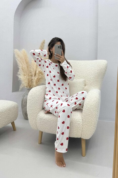HEARTS DESIGN SWEATSHIRT+TROUSERS WOMEN PYJAMAS WHITE-E BARDHE - 5