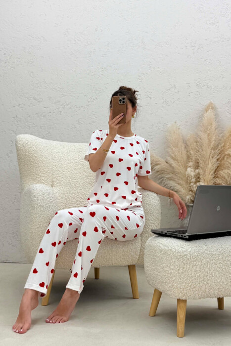 HEARTS DESIGN T-SHIRT+ TROUSERS WOMEN PYJAMAS WHITE-E BARDHE - KLAUDIO FASHION