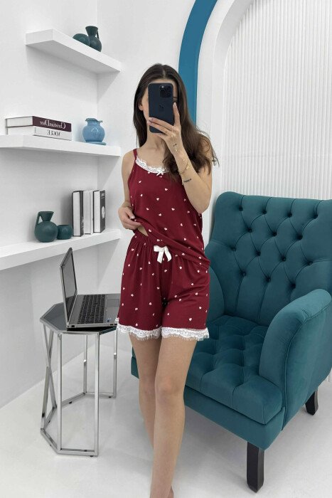HEARTS DESIGN TANK TOP+SHORTS WOMEN PYJAMAS BURGUNDY/VISHNJE - 1