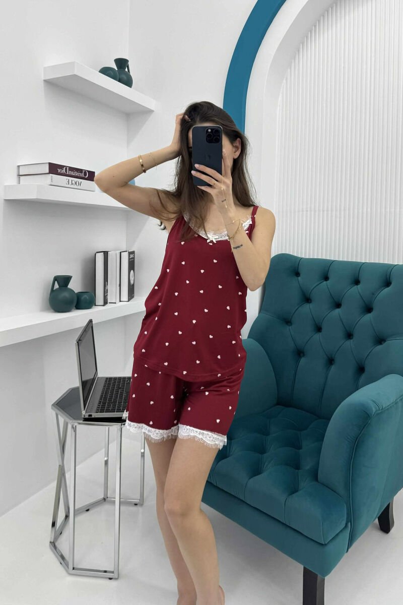 HEARTS DESIGN TANK TOP+SHORTS WOMEN PYJAMAS BURGUNDY/VISHNJE - 4