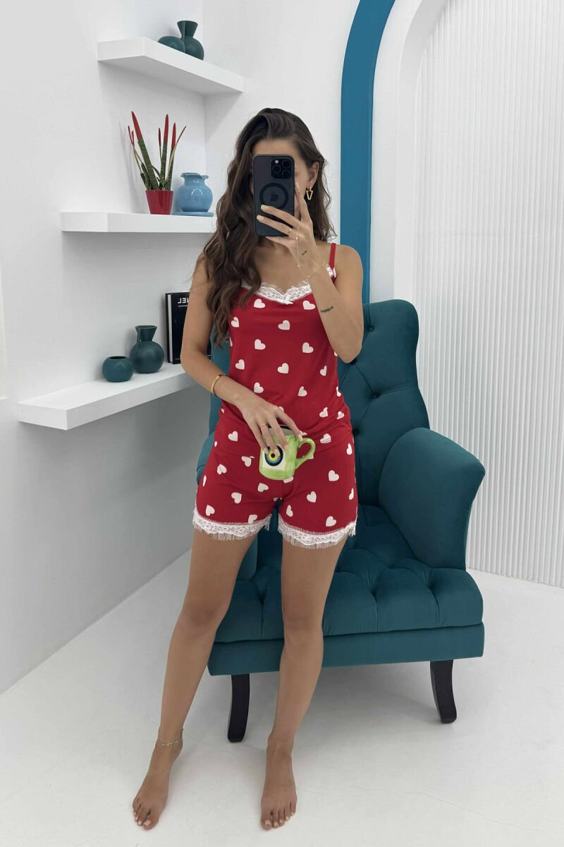 HEARTS DESIGN TANK TOP+SHORTS WOMEN PYJAMAS RED/E KUQE - 1