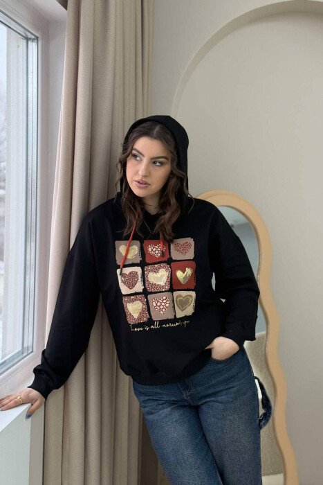 HOODIE ME DETAJIN E ZEMRAVE PËR FEMRA NË NGJYRËN E ZEZË - KLAUDIO FASHION