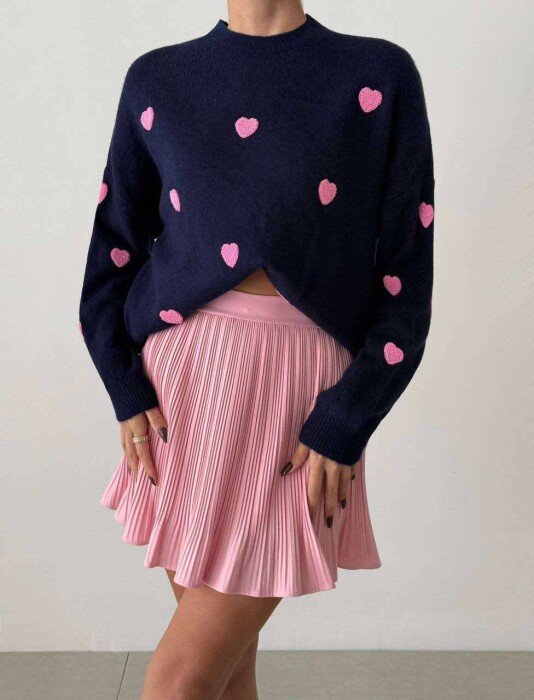 HEARTS DETAIL WOMEN SWEATER DARK BLUE/BEE - KLAUDIO FASHION