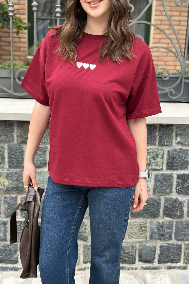 HEARTS ONE COLOR WOMAN T-SHIRT BURGUNDY/VISHNJE - 2