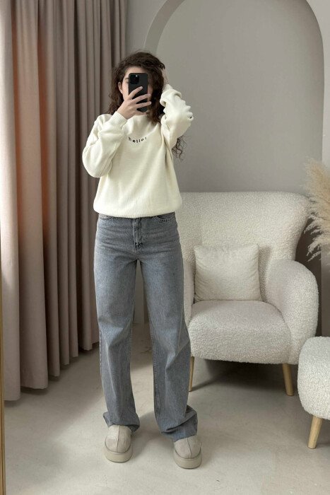 HELLO WRITTING HIGH NECK ONE COLOR WOMEN SWEATER CREAM/KREM 