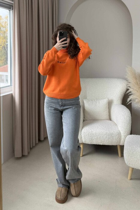 HELLO WRITTING HIGH NECK ONE COLOR WOMEN SWEATER ORANGE/PORTOKALLI - 