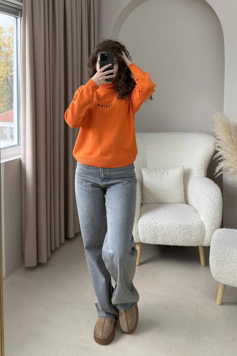 HELLO WRITTING HIGH NECK ONE COLOR WOMEN SWEATER ORANGE/PORTOKALLI - 1