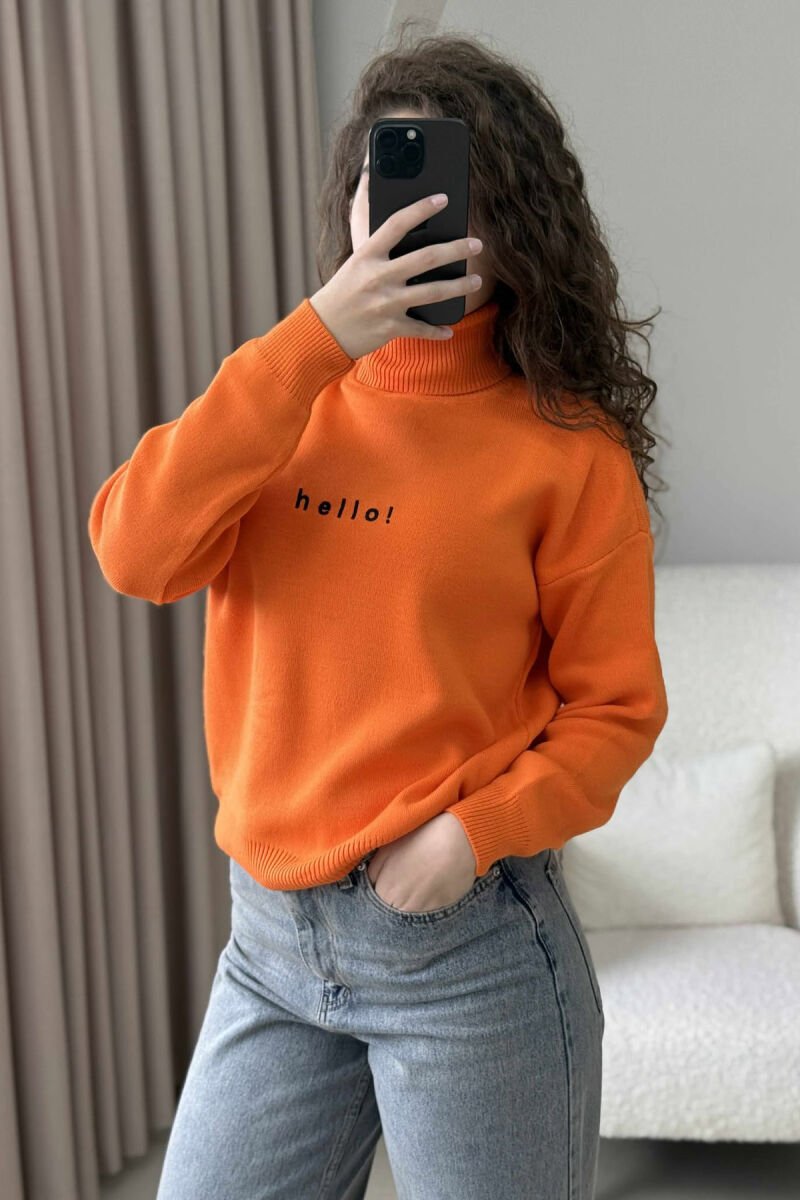 HELLO WRITTING HIGH NECK ONE COLOR WOMEN SWEATER ORANGE/PORTOKALLI - 2
