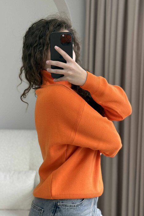 HELLO WRITTING HIGH NECK ONE COLOR WOMEN SWEATER ORANGE/PORTOKALLI - 3