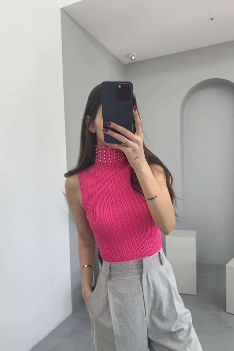 HGH NECK PEARL DETAILS KNITTED WOMEN TANK TOP FUCHSIA/CIKLAMI - 1