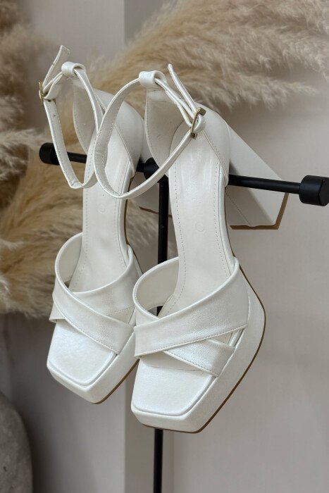 HIGH HEEL ONE COLOR LEATHER WOMEN SANDALS WHITE-E BARDHE - KLAUDIO FASHION