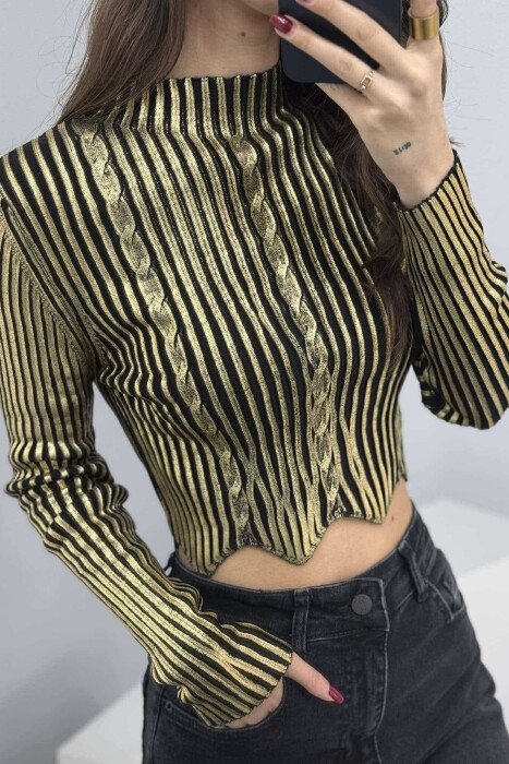 HIGH NECK BRAIDS SHINY WOMEN SWEATER GOLDEN ROD/GOLD - 3